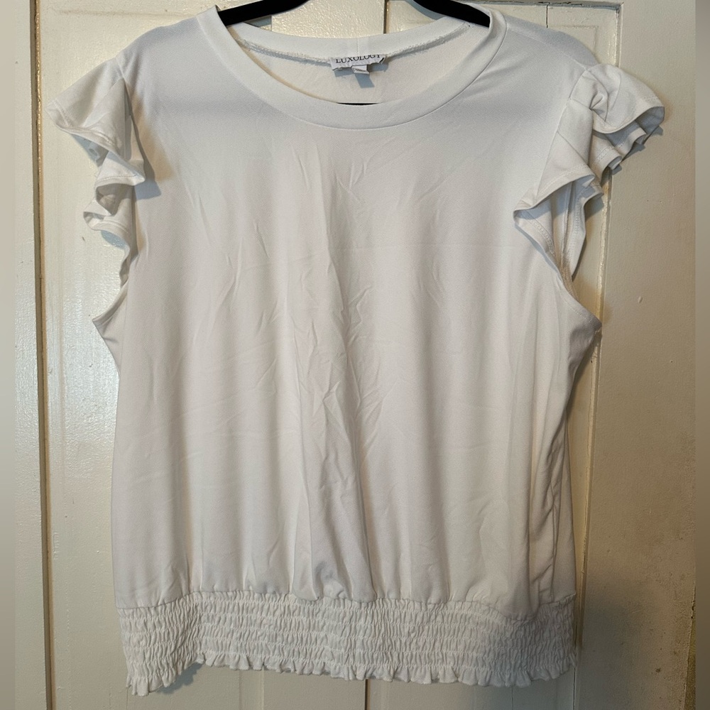 Luxology White Ruffled Sleeve Blouse Top Flutter Tiered Cap Knit Crewneck XL